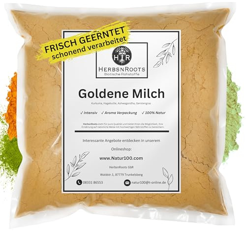 Goldene Milch Pulver 550g • Kurkuma Latte • Ayurveda Golden Milk Pulver mit Kurkuma, Ashwagandha, Hagebutte, Gerstengras • Erste Wahl • Naturprodukt • Ohne Zusätze • HerbsnRoots