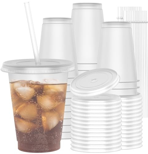 OZMOJOO Lot de 30 gobelets en plastique de 473 ml (16 floz), avec couvercle et paille, stables et adaptés à un usage alimentaire, réutilisables, pour café glacé, milkshakes, smoothies, transparents