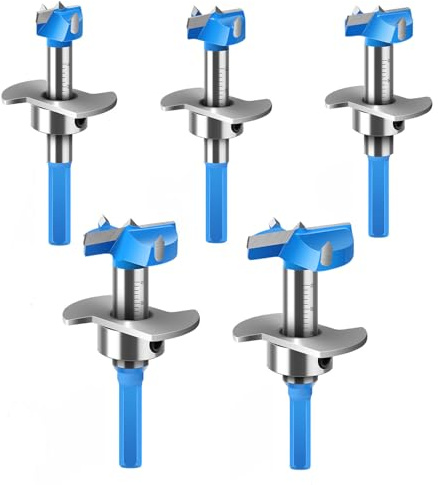 Yuentoen 5 Stück Forstnerbohrer Set,Verstellbar Positionierbohrer, Forstner Bit Holzbohrer 15/20/25/30/35mm, Scharnierlochbohrer mit Tiefenanschlag(10-30mm),für Holzbearbeitung Mehrzweckbohrer