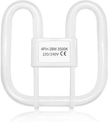 GR10q 4 Pin 28W 3500K Warm White, 2000LM, Very Large Size, DD Square CFL Compact Fluorescent 4 Pins Light Bulb, AC 220V, 4 Pin Flat Butterfly Bulb for Flush Ceiling Light, 1 PACK (Ballast should >28W)