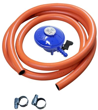 Dapetz ® Propangasregler, 30 MBR mit 2 m Schlauch-Set, passend für Calor Gas und Flogas Schraubzylinder, Befestigung an 8 mm Schlauch, Campingkocher, Gaskocher, Grill, Terrassenheizung,