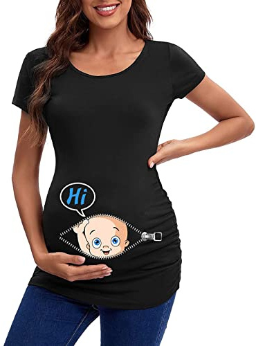 Mode de grossesse Haut Été Femmes Enceintes T-shirts Manches Courtes T-shirt Décontracté Vêtements de Grossesse Drôle Empreinte Enceinte Robe de Maternité Séance Photo, Noir , XL