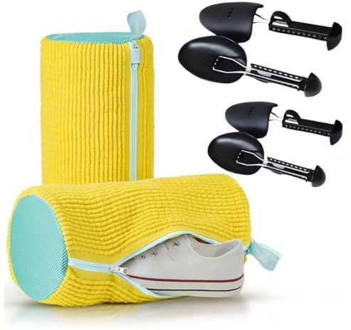 2 Pack Shoe Washing Machine Bags with 2 Adjustable Shoe Trees – Mesh Laundry Bags with Zipper & Hook for Sneakers, Trainers, Canvas, Tennis & Running Shoes – Reusable & Portable Shoe Cleaning Kit