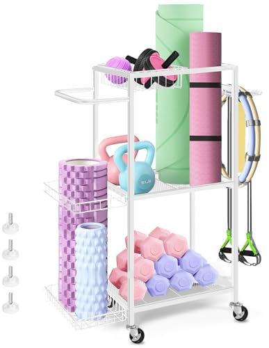 smusei Soporte para equipo deportivo, 3 niveles de almacenamiento de esterilla de yoga, soporte de pesas de metal con ruedas y 8 ganchos, para el hogar, equipo de fitness, carrito para bloque de yoga