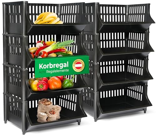Novaliv 8 Stück Korbregal Schwarz Steckregal Stapelbar & Erweiterbar, Regale für Vorratsraum, Lebensmittelregal, Obstregal Keller Aufbewahrungssystem, Apfelregal, Stapelkorb, Stapelregal Kunststoff