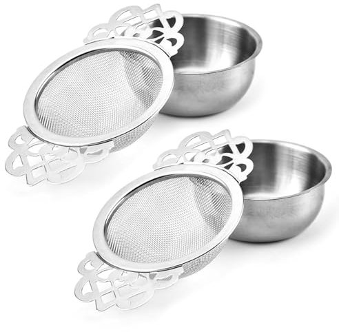 2-Pack Tea Strainers for Loose Tea, Stainless Steel Fine Mesh Tea Strainer with Drip Bowl, Loose Leaf Tea Filter