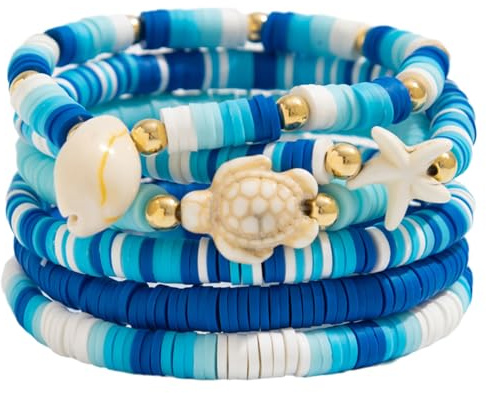 Vspek Schildkröte Armband Damen, Muschel Armband, 6 Stück Sommer Boho Schmuck Stretch Armbänd, Surferarmband, Layered Armbänder für Sommerstrand, Frauen Mädchen Geschenke, Blau Strang