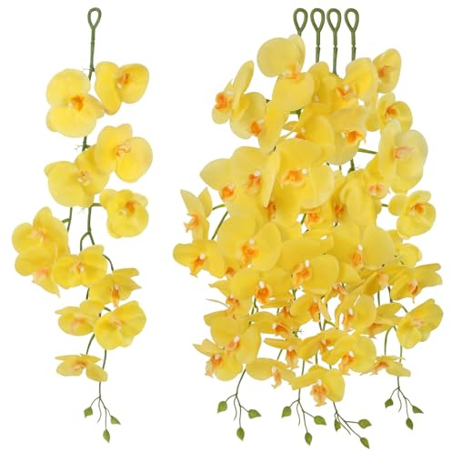 4PCS Hanging Orchids Artificial Flowers Real Touch Faux Yellow Flowers Fake Phalaenopsis Orchids Plants for Wedding Party Wall Garden Outdoor Home Decor (Yellow)
