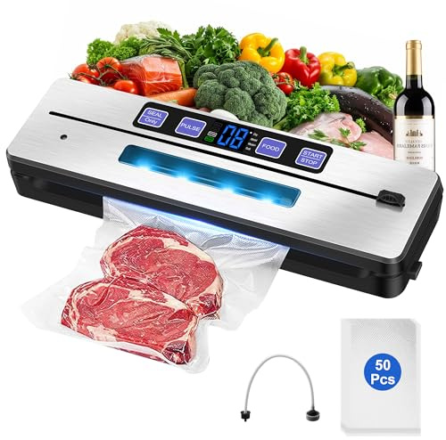 Wooten Vacuum Sealer Machine, Double Heat Seal Food Sealer, Compact Food Vac Pack Machine, Built-in Cutter&Countdown Display, Dry&Moist Modes, 50pcs Vacuum Bags