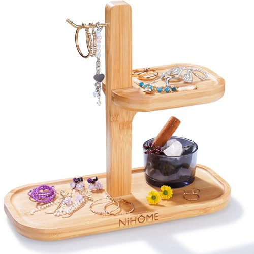 NiHome Schmuckständer aus Bambus mit Haken & Ablagen – Schmuckaufbewahrung aus Holz für Halsketten, Ohrringe, Armbänder & Ringe, Minimalistischer Schmuckhalter für Schminktisch, Bad oder Schreibtisch