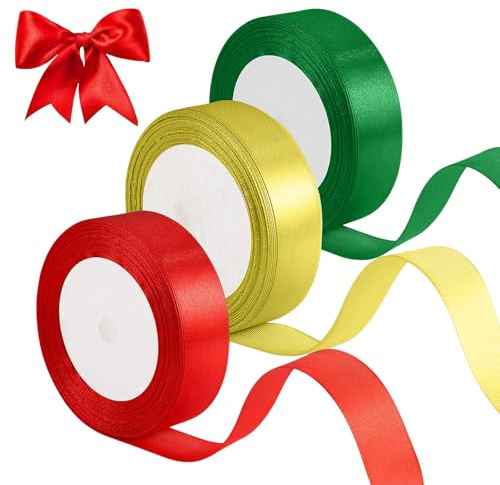 GUOYOU 3 Stück Geschenkband 25MM*22.8M Schleifenband Weihnachten Geschenkschleifen Bänder Weihnachtsgeschenkband für Geschenkverpackung, Weihnachtsbaum Dekoration, Weinachts Dekoration(Rot, Grün,Gold)