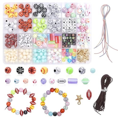 VOSSOT 350 Stück Acryl Sport Perlen, Fußball Perlen Baseball Armband, Rund Buchstabenperlen mit Mini-Glasperlen Buchstaben Beads & Zubehör für DIY Armbänder Halsketten Handwerk Basteln