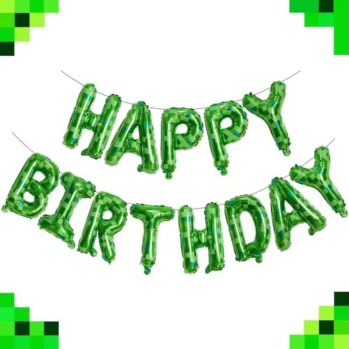 Gleemix Pixel Happy Birthday Ballon Girlande, 16 Zoll Happy Birthday Luftballons Grün, Gaming Deko Folienballon Girlande für Geburtstag Party Deko
