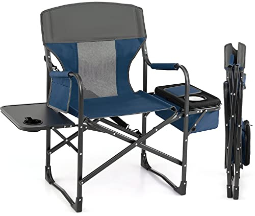 Klappbarer Regiestuhl mit Beistelltisch, Kühltasche, Aufbewahrungstasche und Getränkehalter, unterstützt 179,6 kg, ideal für Camping, Wandern, Angeln, Rasen und Picknick