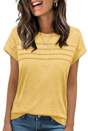Cuptacc Camisetas Manga Corta Mujer con Cuello Redondo de Verano Blusas de Mujer Elegantes Top de Manga Corta con Pliegue
