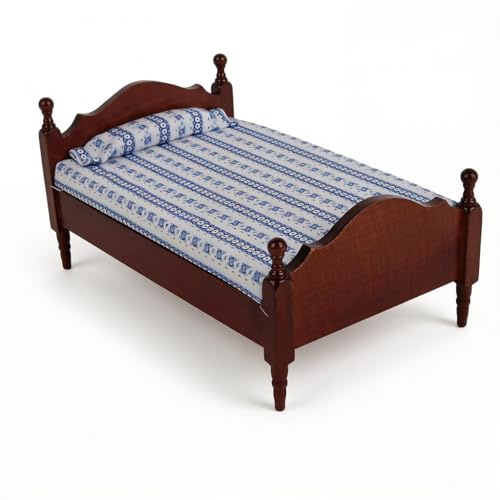 Yctze 1:12 Scale Realistic Wooden Dollhouse Bed, Miniature Redwood Bedroom Furniture for 1/12 Scale Doll House, Perfect Mini Bed Model with Detailed Craftsmanship and Striped Mattress(Mahogany)