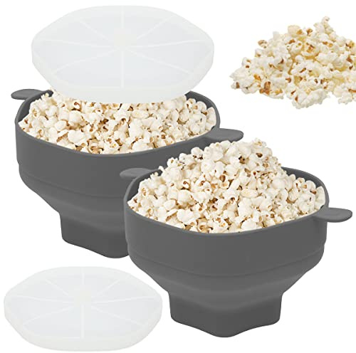 2Pcs Collapsible Silicone Microwave Hot Air Popcorn Popper Bowl With Lid and Handles Heat-Resistant Popcorn Popper Bowl Dishwasher Safe for Home Party(grey)