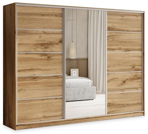 Masseno Schwebetürenschrank PINA 270/205/58 cm Kleiderschrank mit 4 Schubladen Schlafzimmer Schiebetürenschrank 3-türig mit Spiegel Eiche Wotan