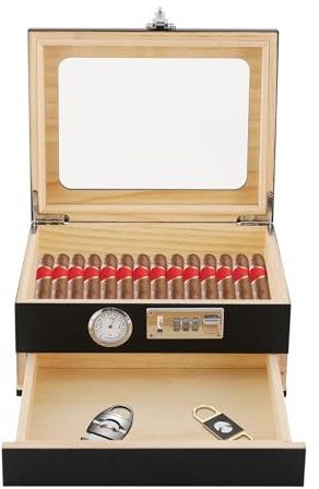 Wiyuer Zigarrenhumidor-Box Tisch Humidor mit Hygrometer Spanisches Zedernholz Aufbewahrung für 20-25 Zigarren 30x20x15cm Naturholz