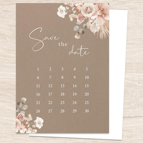 Hochzeitseinladungskarten 10er Set A6 – Blumenmotiv mit Kalender floral | Rückseite beschreibbar – Glückwunschkarte, Karte zur Hochzeit, Hochzeitsbillet Einladungskarte - für Standesamt Brautpaar