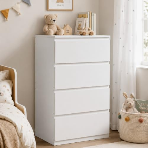 ZECIIYE Commode à 4 Tiroirs,Buffet,Coiffeuse Table de Chevet,Commode a Langer,Modern Chiffonnier Meuble de Rangement pour Chambre,Salon,Bureau et Entrée,Blanc,60X40X98cm