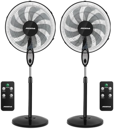 Aigostar Ventilador de Pie Silencioso, 9 Aspas, Mando a Distancia, 3 Modos, 3 Velocidades, Temporizador 7.5 Horas, Oscilante 80°, Ventilador de Altura Ajustable, Base Antideslizante, 35 m2, 2 Unidades
