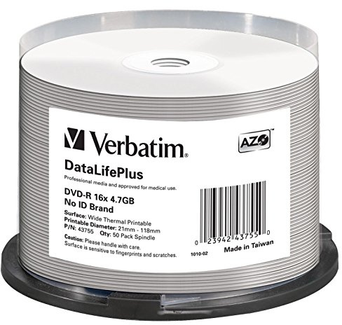 Verbatim DVD-R AZO 4.7GB 16X DL+ White Wide Thermal Printable Surface NO ID Cake 50