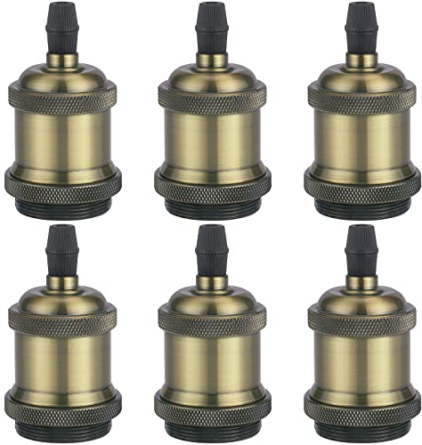 DiCUNO E27 vintage solid Lampenfassung, Aluminium & Keramik Lampenhalter, E27 Sockel für Glühbirne, Antiker-Look für Wand-, Tisch- & Deckenleuchte, DIY Zubehör, Champagne Gold, 6er Pack