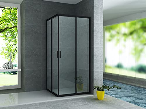 Aloni Duschkabine 90x90x195 Eckduschkabine mit Schiebetüren - Duschabtrennung mit Eckeinstieg - matt schwarz - ESG Sicherheitsglas 6 mm - Nano-Beschichtung & Easy-Clean - Modernes Klarglas-Design