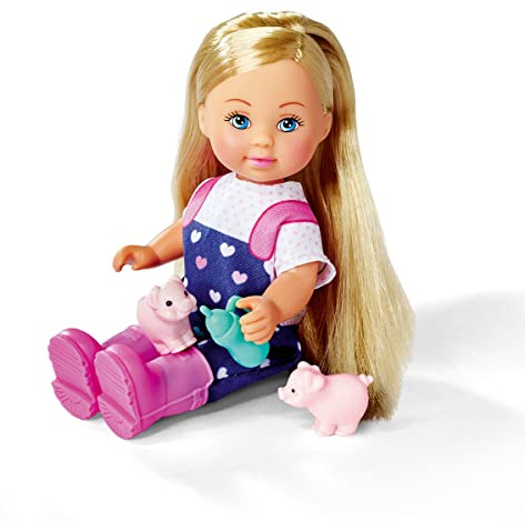 Simba 105733598 - Evi Love Baby Pigs, Puppe mit süßer Latzhose und Vier Babyschweinen, mit Äpfel, Trinkflasche und Gehege, 12cm Spielpuppe, ab 3 Jahren