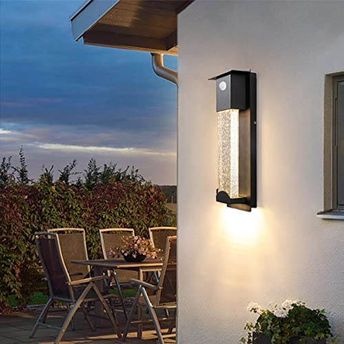 LANMOU LED Außenwandleuchte mit Bewegungsmelder IP54 Wetterfest Wandleuchte Aussen mit Kristall Blasenglas 10W 3000K Warmweiß Türleuchte aus Aluminium Schwarz Aussenlampe für Garten, Garage, Haus