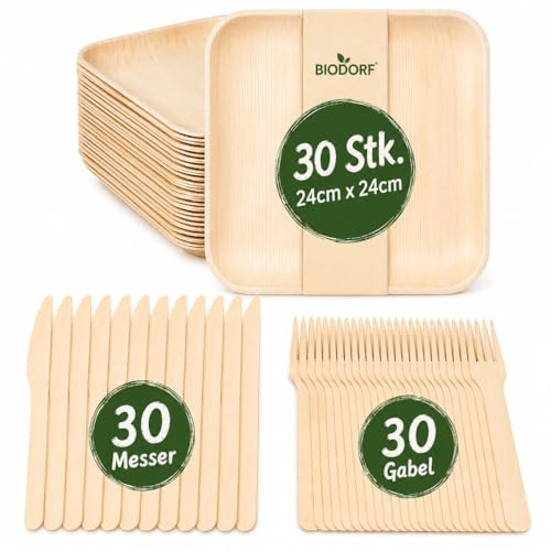 Biodorf Palmblattgeschirr set | 90 Stück (30 Quadratisch Palmblatt Teller, 30 Holzgabel, 30 Messer) | Bio Einweggeschirr | Biologisch abbaubar Partygeschirr | Premium Einweggeschirr set für 30 Gäste