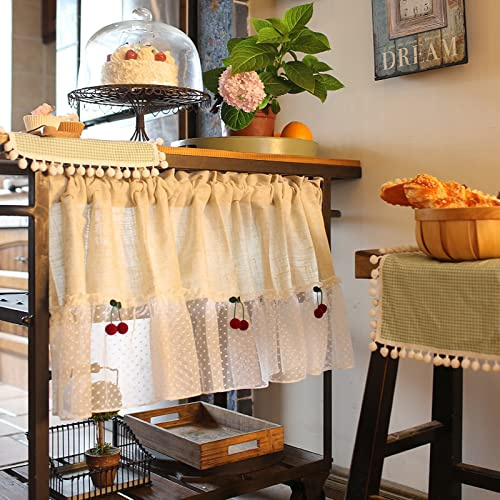 A.Monamour Gardine Scheibengardinen Undurchsichtiges Beiges Baumwolle Leinen Mit Weißer Spitze Rote Kirsche Kurzvorhang Kurzgardinen Küchengardine Küche Vorhang Fenster Kurz Stores Bistrogardine