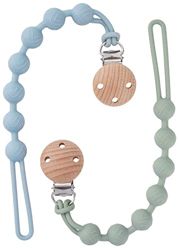 EYOGO Silicone Dummy Clip for Baby Boys and Girls, One Piece Pacifier Clips, Wooden Soother Clips Design, Fits Most Pacifiers and Teething Toys, 2 Pack (Sage+Ether)