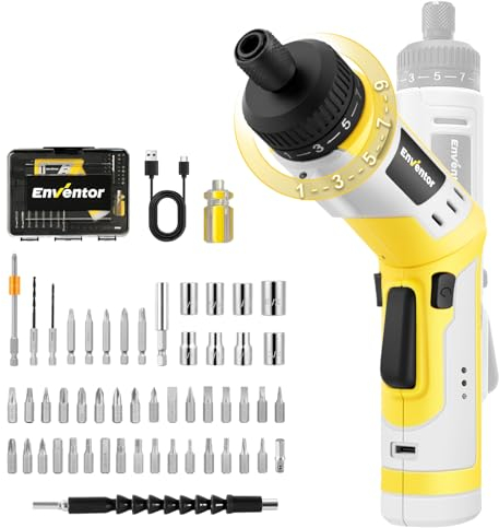 ENVENTOR 4V Atornillador Electrico, Destornillador Electrico Pequeño, 52 Accesorios, 4.5Nm, 9+1 Ajustes de Par, 2000mAh Batería de Litio, Carga USB Tipo-C, Mango Ajustable