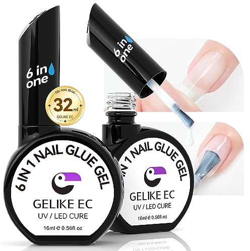 Gelike ec Nagelkleber Für Nail Tips: Extra Stark Duo 6 in1 Milky White Nail Glue für Kunstnägel Gel Nagel Tips Long-lasting Nail Glue UV for Soft Nail Tips Benötigt Aushärtung 32ml