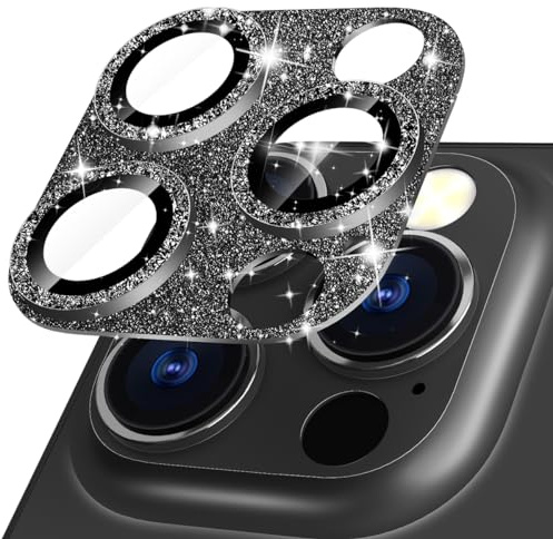 imluckies Protection Objectif Caméra Arrière pour iPhone 15 Pro/iPhone 15 Pro Max, Anneau Métallique Brillant, Anti-Rayures Verre Trempé Caméra Lentille Protecteur, Pailleté Noir