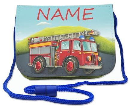 Maus-Design Kinder Brustbeutel Feuerwehr mit Name und Schriftartwahl | Klettverschluss, Schnur zum Umhängen, Klarsichtfach, Personalisiert