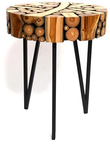 Brillibrum Teakholz Beistelltisch – Runder Couchtisch – Unikat – Handgearbeitet aus Baumscheiben – Telefontisch – Teak Holztisch Dreibein – 55x45cm (HxØ)