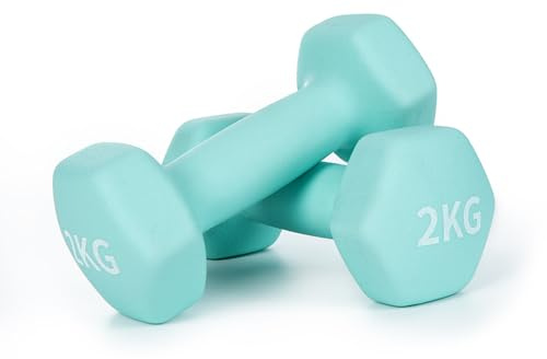 Molti Lot de 2 haltères, courts, en néoprène, avec surface antidérapante en néoprène, variantes de poids, 2 x 0,5 kg à 2 x 3 kg, pour gymnastique, aérobic, fitness, pilates, musculation (vert, 2 x 2