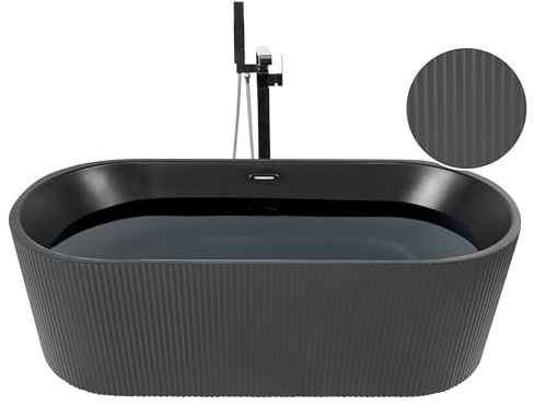 Moderne freistehende Badewanne 169 x 80 cm Ovale Form Acryl geriffelte Oberfläche Badezimmer mattschwarz Gocta