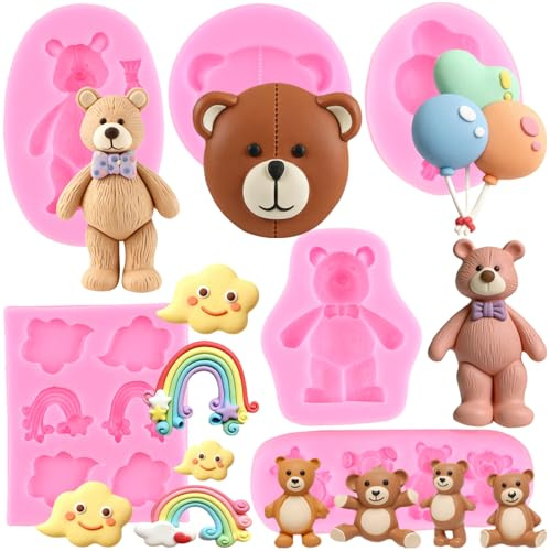 RFGHAC Bär Silikonformen Regenbogen Wolke Fondant Form Ballon Formen für Baby Shower Kuchen Dekorieren Cupcake Topper Candy Schokolade Polymer Clay Gum Paste Set von 6