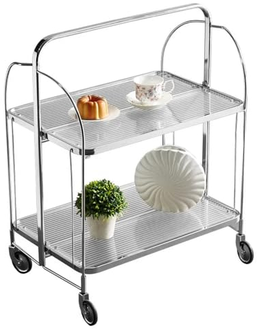 Mobile Storage Pieghevole Carrello da servizio, Dinett Cestino 2 Animali Vetro Temperato Trasparente con Ruote 2 Piani Pieghevole Cucina Bar Carrello Vino Moderno