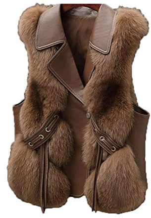 SXHEYUY Women's Warm Fox Faux Fur Vest Warm Leather Jacket Coat Waistcoat Sleeveless Gilet Outwear,Brown,L