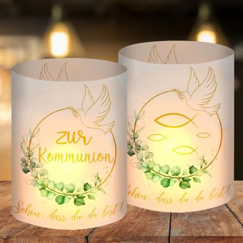 12 Stück Windlicht Tischdeko Eukalyptus Grün, Erstkommunion Deko Junge Mädchen Taufdeko, Gastgeschenke, Schön DASS Du Da Bist, für Teelichter oder Kerzen