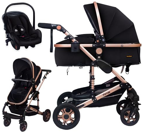 GaGaGaDumi Florida 3 en 1 cochecito completo con asiento de coche - Baby Stroller 3 en 1 TÜV - Cochecito combinado 3 en 1 juego completo de neumáticos completos, bolsa de pañales, negro/oro