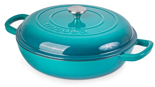 Shallow Cast Iron Casserole with Lid – Non Stick Dutch Oven Pot, Oven Safe up to 500° F – Sturdy Ovenproof Stockpot Cookware – Enamelled Cooking Pot – Teal, 5-Quart, 32cm – by Nuovva