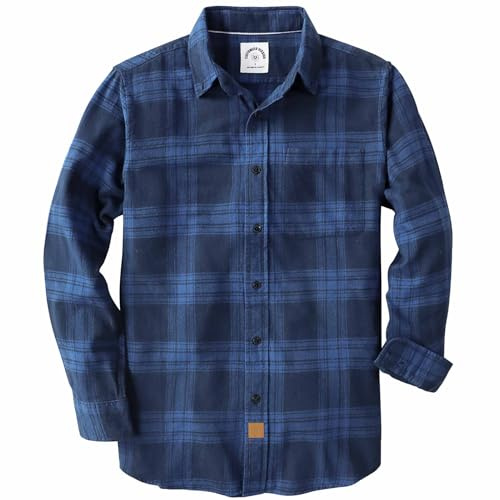 Dubinik® 6 oz Flannel Shirt for Men Pure Cotton Soft Warm Long Sleeve Plaid Shirts Casual Button Down for Outdoor Wear Blue Navy