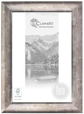 CLAMARO Porto - Marco de fotos (10 x 21 cm, madera maciza, plata antigua, 72 mm de ancho, barra barroca, incluye cristal acrílico, pared trasera, colgador de metal)