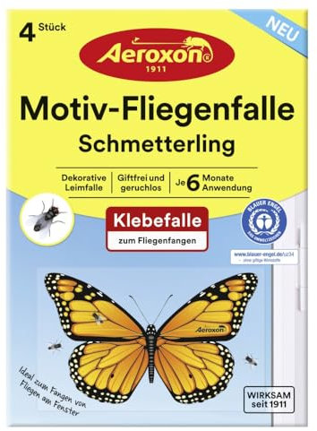 Aeroxon Fliegenfalle Innenbereich – 12x Fliegenfänger für Fenster, Effektive Fliegenfalle mit Schmetterlingsdesign